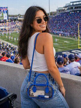 Clear Stadium Bag Blue Trim Top Handle Crossbody NFL Concert Approved Purse NWT